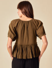 Khaki Tie Front Peplum Top
