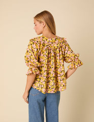 Yellow Floral Short Sleeve Blouse