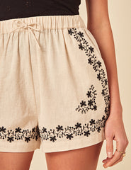Beige Floral Embroidered Shorts