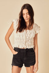 Cream Embroidered Tie Front Top