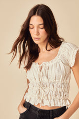 Cream Embroidered Tie Front Top