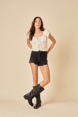 Cream Embroidered Tie Front Top