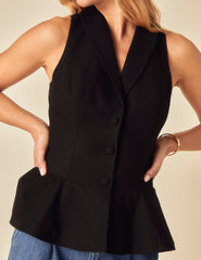 Black Linen-blend Tailored Peplum Waistcoat