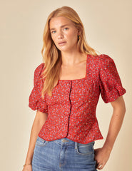 Red Floral Puff Sleeve Top