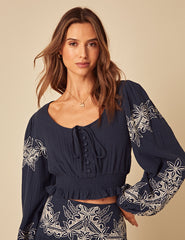 Navy Embroidered Tie Front Top