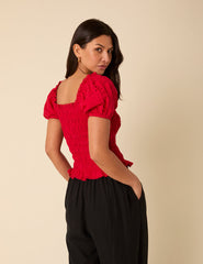 Red Puff Sleeve Ruched Top