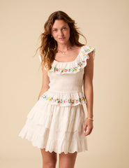 White Floral Embroidered Shirred Top