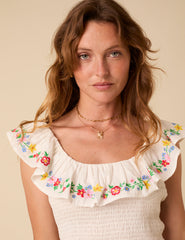 White Floral Embroidered Shirred Top