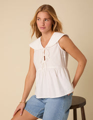 White Tie Front Collared Blouse