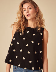 Elizabeth Scarlett Black Daisy Embroidered Swing Top