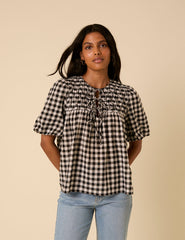 Black Tie Front Smock Gingham Blouse