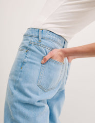 Blue High Rise Wide Leg Bleach Wash Jeans