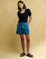 Blue Denim Tie Waist Shorts