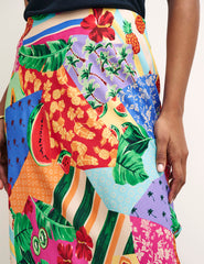 Fruit Patchwork Print Mila Satin Slip Midi Skirt
