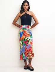 Fruit Patchwork Print Mila Satin Slip Midi Skirt
