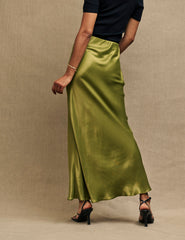 Petite Olive Green Mila Satin Maxi Skirt