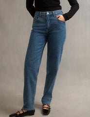 Mid Wash Blue High Rise Straight Leg Denim Jeans