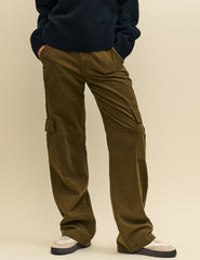 Khaki Green Cargo Utility Straight Leg Twill Trousers
