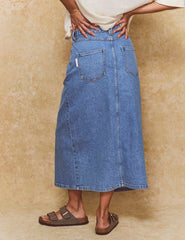 Blue Denim Front Slit Midi Skirt