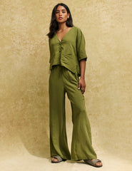 Khaki Drawstring Wide Leg Trousers