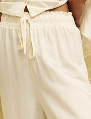 Cream Drawstring Wide Leg Trousers