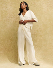 Cream Drawstring Wide Leg Trousers