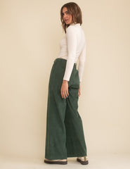 Green Cord Double Pleat Front Wide Leg Trousers