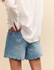 Light Wash Blue Denim Scallop Trim Short