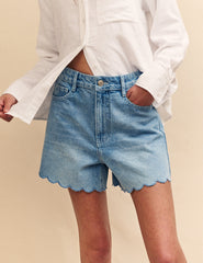 Light Wash Blue Denim Scallop Trim Short