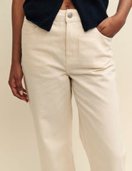 Cream Denim Cropped Wide Leg Jeans