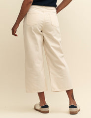 Cream Denim Cropped Wide Leg Jeans