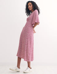 Pink Ditsy Floral Eva Flutter Sleeve Midi Dress