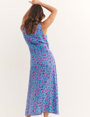 Blue Strawberry Print Sandra Sleeveless Midi Dress