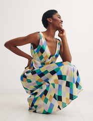 Multi Diamond Print Satin Helena Midi Dress