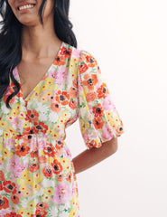 Multi Big Floral Valentine Bubble Sleeve Wrap Dress