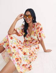 Multi Big Floral Valentine Bubble Sleeve Wrap Dress