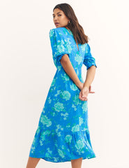 Blue and Green Ditsy Floral Short Sleeve Selena Midi Dress