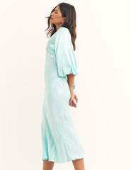 Light Blue Ciara V Neck Satin Midi Dress