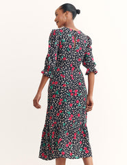 Black Nadia Cherry Long Sleeved Selena Midi Dress