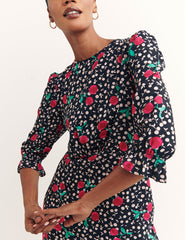 Black Nadia Cherry Long Sleeved Selena Midi Dress