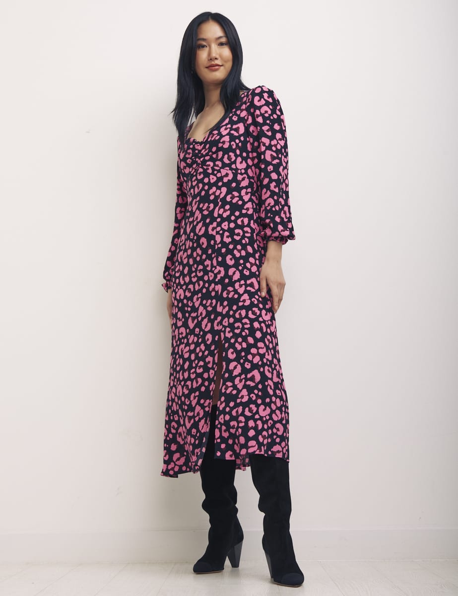 Black Violet Animal Pink Long Sleeve Rosie Midi Dress