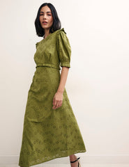 Olive Green Felicia Broderie Midi Dress