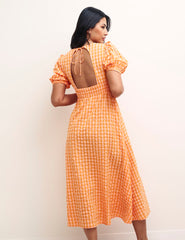 Orange Gingham Check V-Neck Wednesday Midi Dress