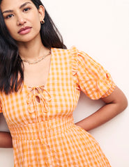 Orange Gingham Check V-Neck Wednesday Midi Dress
