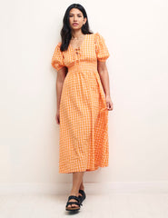 Orange Gingham Check Open Back Wednesday Midi Dress