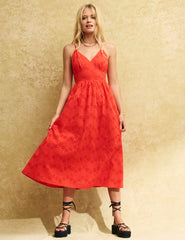 Red Broderie Anglaise Sleeveless Tie Back Billie Midi Dress