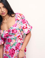 Pink Floral Sweetheart Neck Darcie Midi Dress