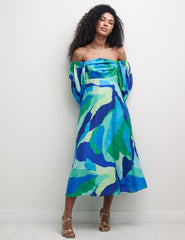 Blue Abstract Bardot Maxine Midi Dress