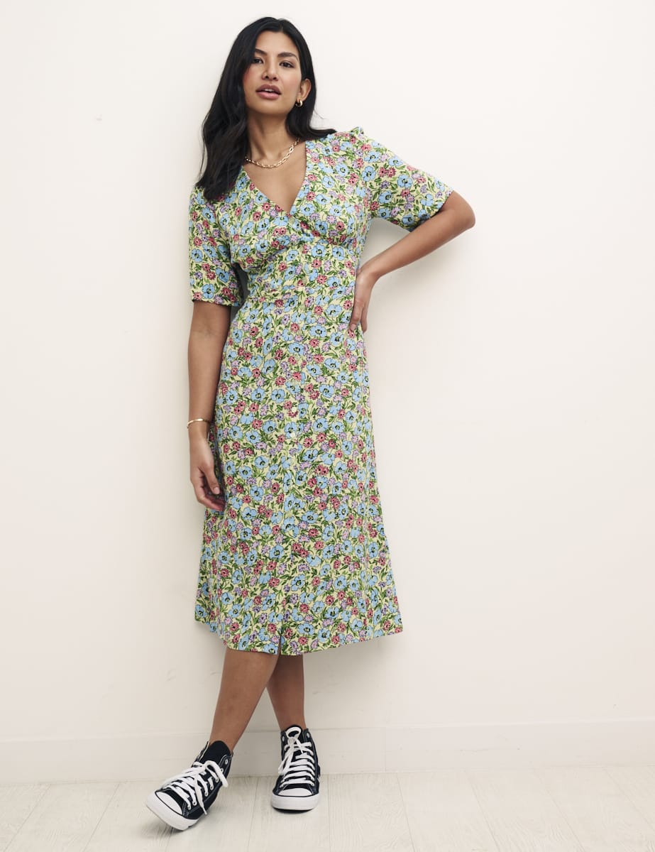 Green Floral Alexa Midi Dress with Shirring