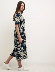 Black Floral Alexa Midi With Shirring Dress
